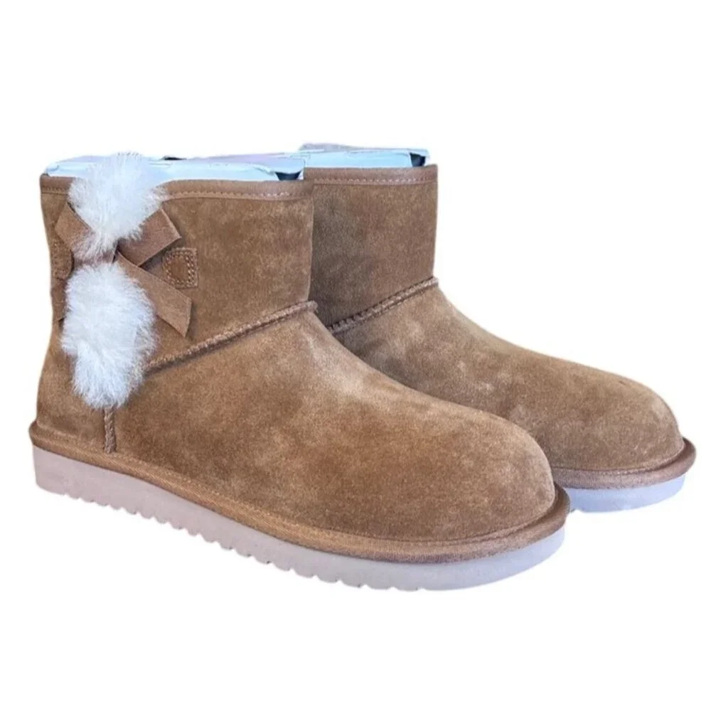 Koolaburra by UGG Victoria Mini Boots in Chestnut Suede Faux Fur Poms Size 7 New